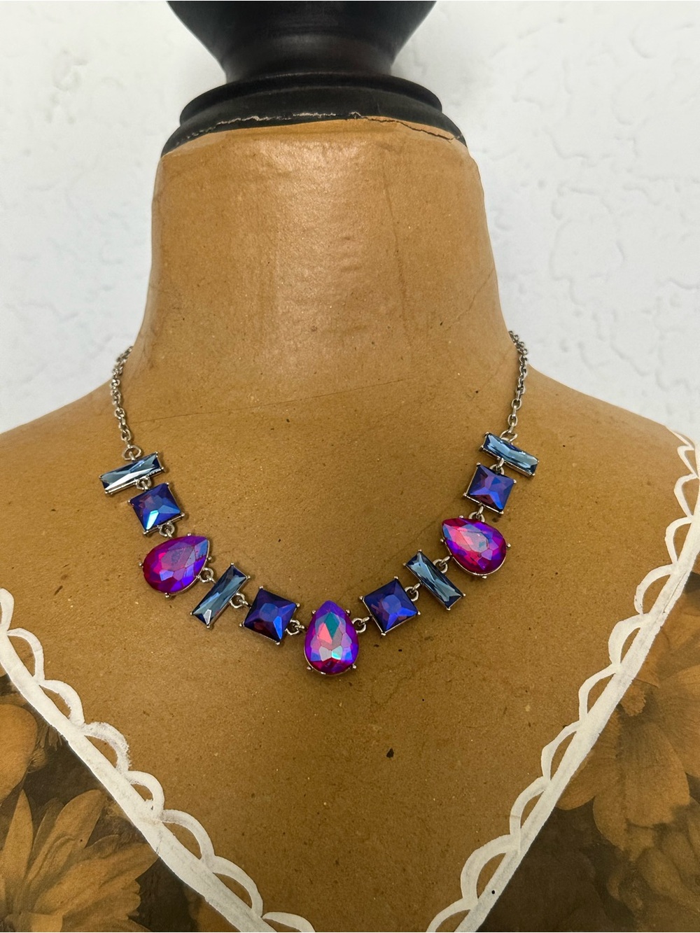 Unlisted Iridescent Blue and Fuchsia Teardrop & Square Crystal Necklace